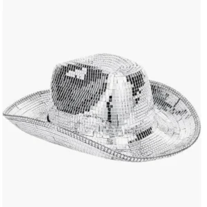 Silver full-mirror disco cowboy hat, side view on a plain light background