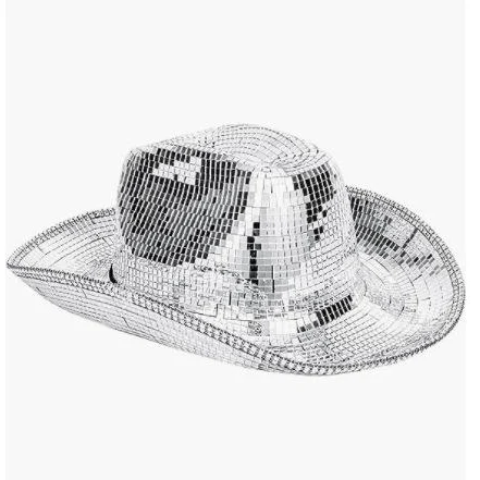 Silver full-mirror disco cowboy hat, side view on a plain light background