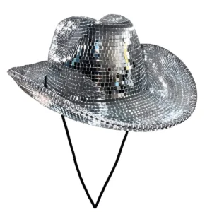 Silver mirror disco cowboy hat with a black chin cord on a white background