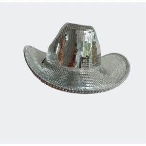 Silver disco ball mirror cowboy hat, three-quarter view on a plain background