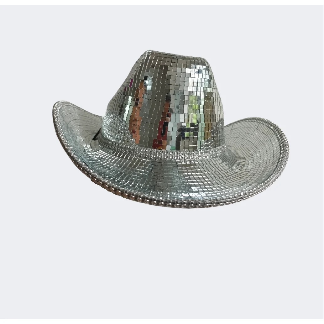 Silver disco ball mirror cowboy hat, three-quarter view on a plain background