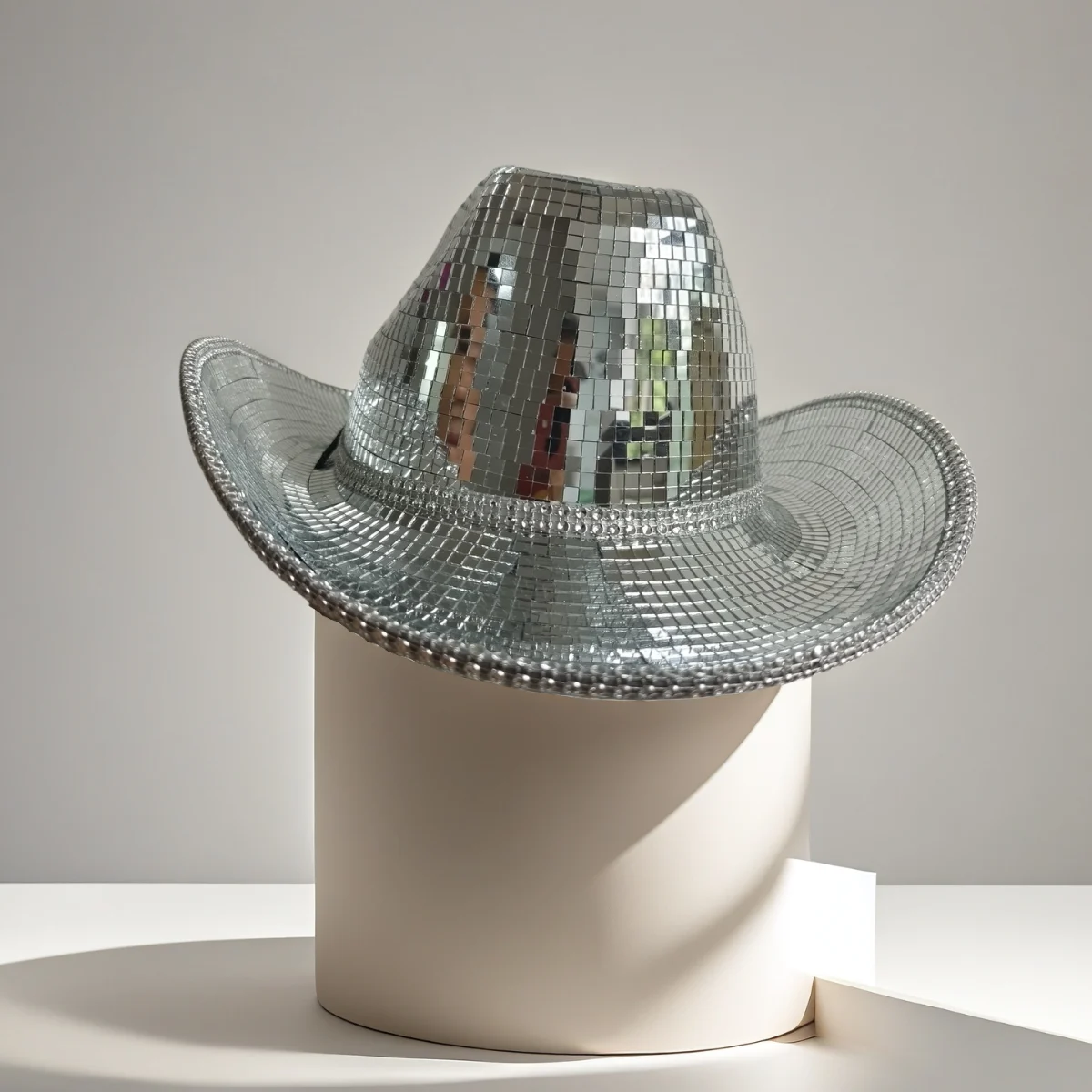 Silver disco ball mirror cowboy hat on a cream display stand