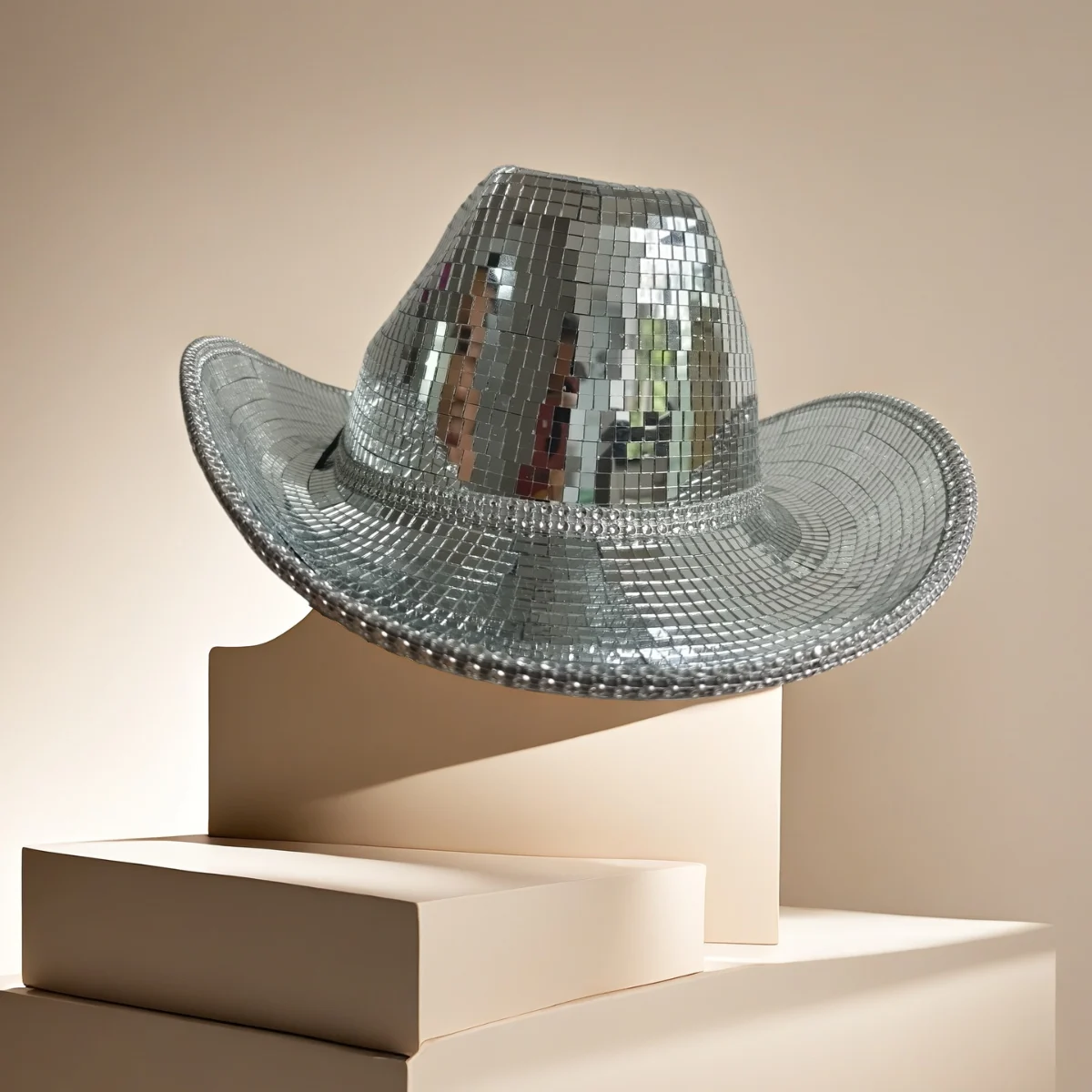 Silver disco ball mirror cowboy hat on a stepped cream display