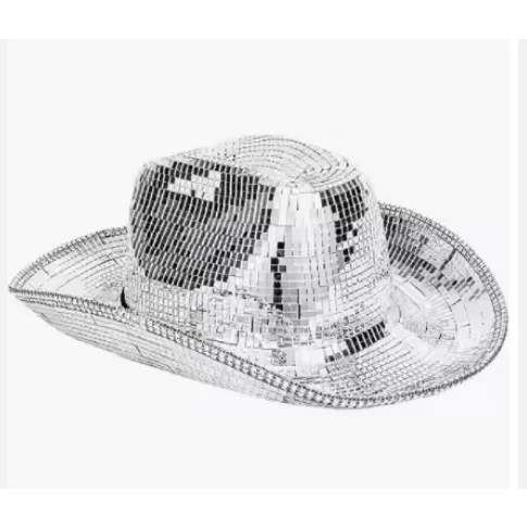 Silver mirror disco cowboy hat, three-quarter view showing the wide brim