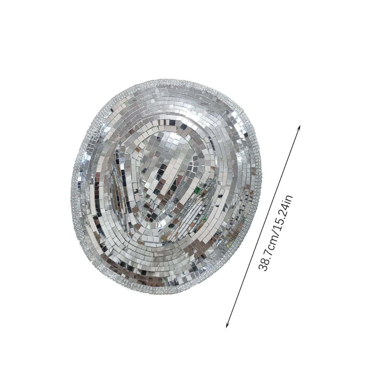Top view of a silver mirror disco cowboy hat with a 38.7 cm (15.24 in) dimension marked